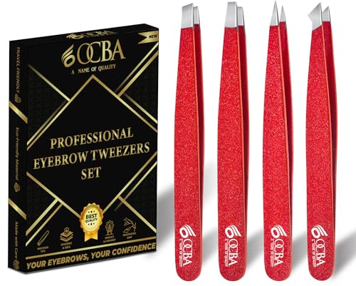 OCBA Tweezers for Facial Hair Women & Men for Precise Grooming of Eyebrows - Professional Stainless Steel Black Color Coated Eyebrow Tweezers for Ingrown Hair on Nose Ear (2 Pcs) (Red)