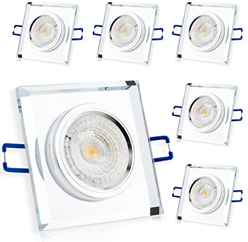 Einbaustrahler LED Einbauleuchte 6er Set Einbauspot Spot Deckenspot Deckeneinbauleuchte klar eckig flach Glas Spiegel inkl. 6x 6W Leuchtmittel GU10 Fassung Warmweiß 3000K Abstrahlwinkel 36°