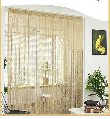 Cortina corredera Devola Cortina de hilos para protección contra insectos, puerta de balcón, cortina de perlas para exterior, cordón decorativo, 100x200 cm, color champán