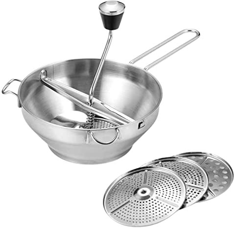 Food Mill Vegetable Mill Stainless Steel Tomato Press 19cm Stainless Steel Rotary Food Mill Sieve Grater with 3 Grinding Discs - Vegetable Strainer Sauce Maker to Grind and Puree Food