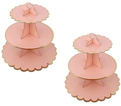 CHUANGOU 2 PCS Alzata Torta，3 Livelli Alzata Cupcake in Cartone，Adatto per La Festa di Matrimonio, Compleanno, Baby Shower, Torta, Torta da Dessert（Rosa Puro）.