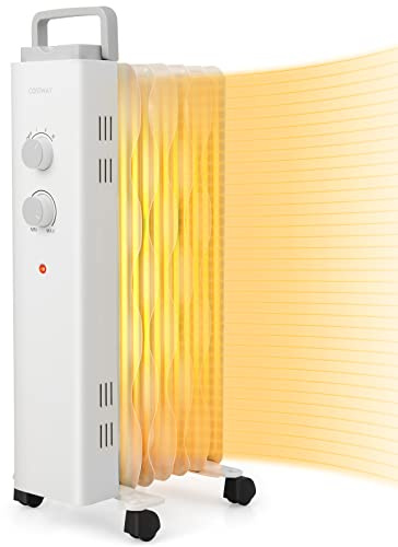 COSTWAY 1500W Oil Filled Radiator Heater, Electric Oil Radiant Heater w/Universal Wheels, 3-Level Heat, Tip-over & Overheat Protection, Portable Space Heater for Home Office Indoor Use, White