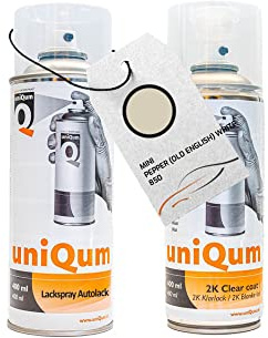 UniQum Autolack + Klarlack 2K Spraydose MINI PEPPER (OLD ENGLISH) WHITE 850 Autolack Reparatur 2 x 400 ml