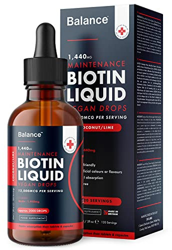 Biotin Liquid Drops - Vegan - High Strength 12,000mcg per Serving - Hair Growth Supplement - 4 Month Supply - 120 Servings - 60ml Dropper Bottle - Vitamin B7 - Fast Absorption - Made in UK by Balance