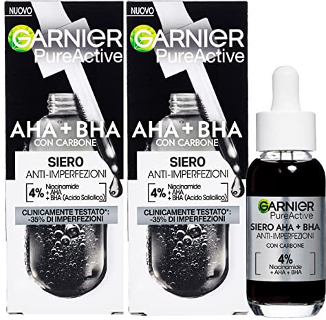 Garnier PureActive Anti-Imperfections Gesichtsserum mit Aktivkohle Niacinamid AHA BHA Behandlung von Pickeln Mitessern mattierende und gleichmäßigende Formel ohne Rückstände – 2 Flaschen à 30 ml