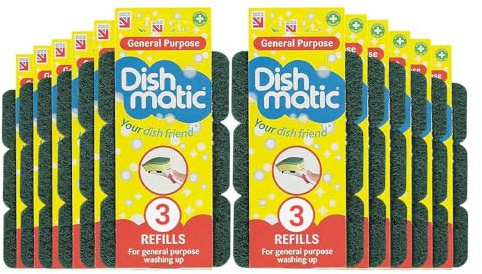 Heavy Duty Green Refill Sponges Cleaning Scourer General-Purpose Washing-Up Sponge Refill Heads with Antibacterial Abrasive for Kitchen and Bathroom 12 Pack (36 Sponge).