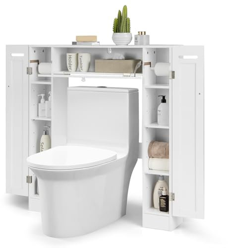 LIFEZEAL Armadietto WC a 9 scomparti, salvaspazio in legno, mensola da bagno con 3 ante per lavatrice, ripiano per WC (1)