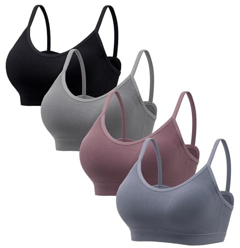 HBselect 4 Pack Non Wired Bras for Women V Neck Wireless Bralettes Seamless T-Shirt Bras with Removable Pads Wirefree Bras for Ladies Girls Black/Grey/Heather/Grey Blue