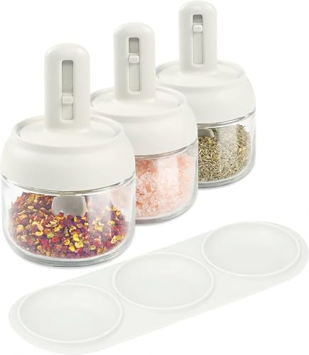 Povinmos® 3 Piece Glass Salt Container | Storage | Pepper,Table Salt, Sugar,Gourmet Salts,Spice |Chili Herbs |10 oz |Glass Salt Container with Lid and Retractable Spoon