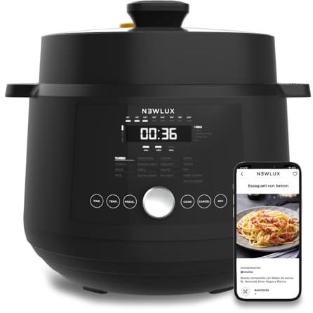 NEWLUX - Olla Eléctrica 6L SmartChef V600 (1200W), Robot de cocina con 4 niveles de presión (90Kpa) y 17 Programas. Olla Programable 24h con Vaporera 2 Niveles | F. Freír y Limpieza Automática, Negro
