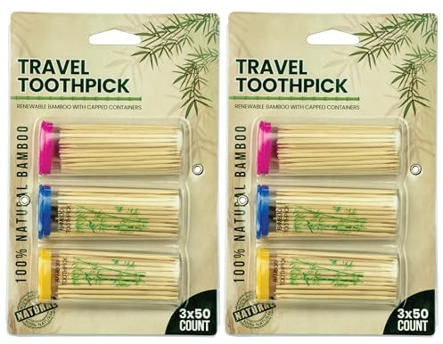 DecorRack 6 Travel Toothpick Dispensers with 300 Bamboo Toothpicks, Eco-Friendly Wooden Toothpick Holders, Portable Mini Toothpick Case, Travel Ready, On The Go, Clear Mini Holders (Pack of 6)