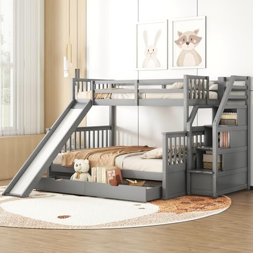Merax Etagenbett mit Schubladen,90 x 200 + 140 x 200cm,Stauraum und Rutsche,multifunktional, (ohne Matratze) Grau