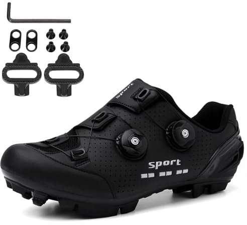 NGARY Herren MTB Schuhe Damen, Fahrradschuhe Mountainbike Schuhe kompatibel mit SPD 2 Schrauben mit Cleats, Rennrad Schuhe Entsperren Schuhe Unisex,Schwarz,38 EU