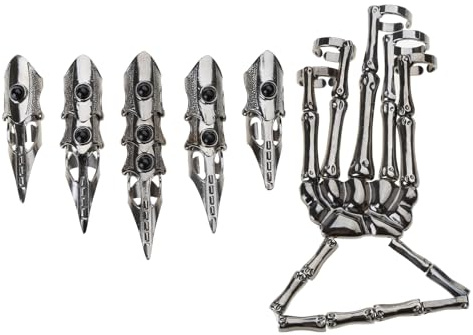 SANRLO Ring,Gothic Punk Skeleton Hand Glove Adjustable Metal Finger Claw Skeleton Full Finger Rings for Halloween Cosplay and Party