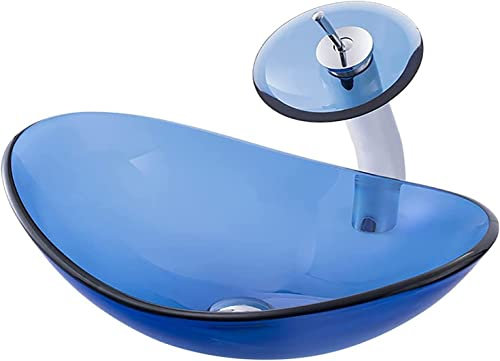 aufsatzwaschbecken waschtisch Modernes Aufsatzwaschbecken Aus Gehärtetem Glas, Waschbecken Auf Der Oberseite, Blaues Art-Waschbecken Mit Wasserfall-Wasserhahn, Oval/rund/quadratisch Optional (Color :