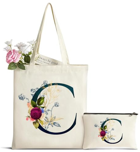 Personalisiert Initialen Canvas Tragetasche mit Kosmetiktasche, Baumwolltasche Einkaufsbeutel Damen Tote Bag, Geburtstag Weihnachten Geschenk für Kollegin Braut Brautjungfer, Muttertagsgeschenk(C)