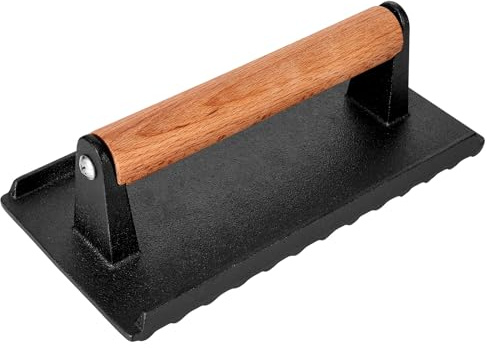 Whaleme Presse à hamburger, 20,3 x 10,2 cm rectangulaire en fonte robuste avec poignée en bois résistante à la chaleur pour gril Blackstone, idéale pour panini, steak et sandwichs