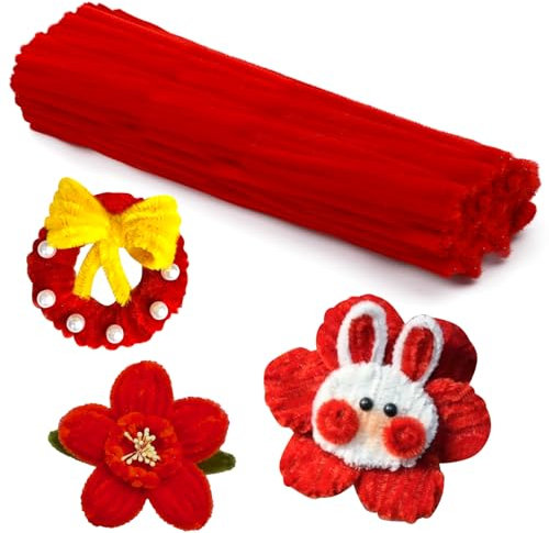 Bamru 60 Stück rote Pfeifenreiniger, Pfeifenreiniger mit Chenille-Stiel, für kreative Heimdekorationsbedarf, Blumen- und Bastelprojekte