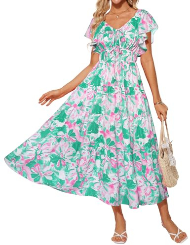 GRACE KARIN Robe d'été élégante à motif floral pour femme, robe longue à manches volantées et col en V