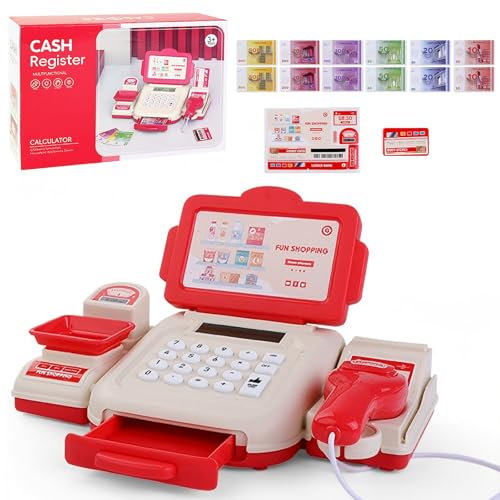 Kasse Kaufladen Kinder Spielkasse mit Scanner Falschgeld Bankkarten Taschenrechner Kaufladen Zubehör Spielgeld Kinder Spielzeuggeschenke für ab 3 Jahren (Rot)