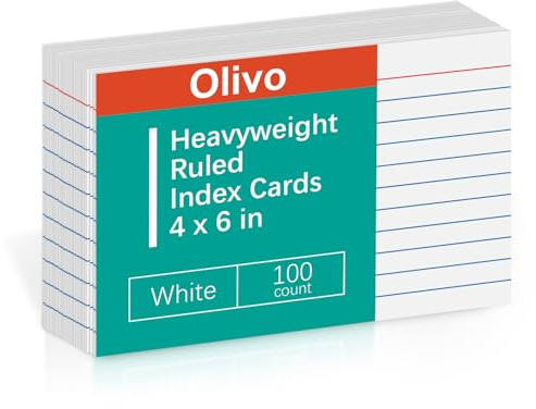 Tarjetas de índice de 4 x 6 pulgadas, con rayas de 4 x 6 pulgadas, color blanco, 100 unidades, 220 g/m² de peso pesado