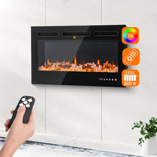 BAKAJI Elektrischer Wandkamin zur Wandmontage, Elektrokamin 3D mit 12 Farbmodi LED Flammeneffekt, leise, modernes Design, Wandofen 36 Zoll, natürlicher Feuereffekt (Livigno 91 cm)