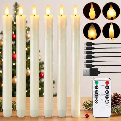 wiipara Wiederaufladbare LED Stabkerzen 6 Stück mit Timerfunktion Elfenbein | Mit 4 wechselbaren Flammenköpfen, USB-Kabel, LED Kerzen Flackernde Flamme für Zimmer, Halloween, Weihnachtsdeko (2 x 25 cm)