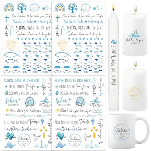 BOOMTOP Kerzen Tattoos Folie Taufe Rub On Sticker Zur Taufe Kommunion Sprüche Sticker Blau Kerzensticker für Stabkerze Kerzen Tasse
