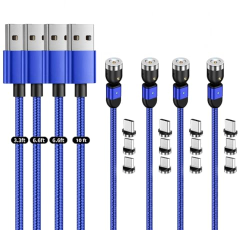 Magnetic Charging Cable [4-Pack 3/6/6/10ft] 3 in 1 Magnet Phone Charger Cable 360°&180° Rotating USB C Cable with LED Light Magnetic Charger Cable for Micro USB Type C Phone Nylon-Braided Cords