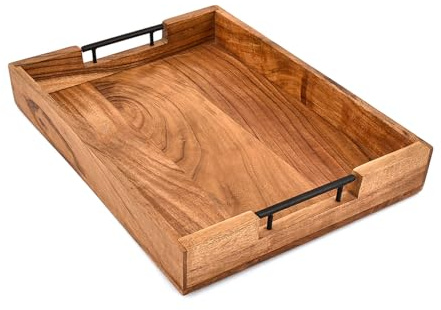 Kimona Acacia Wooden Serving Tray with Iron Handles Board Platters for Breakfast, Coffee Table/Butler (16 X 12 X 2)