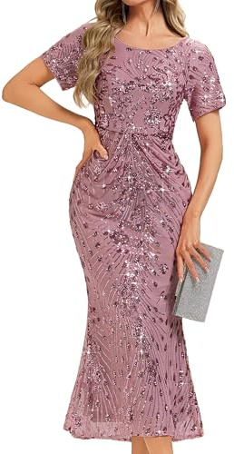 Ever-Pretty Plus Size Crew Neck Short Sleeve Beads High Elasticity Curvy Bodycon Evening Dress Orchid 20UK
