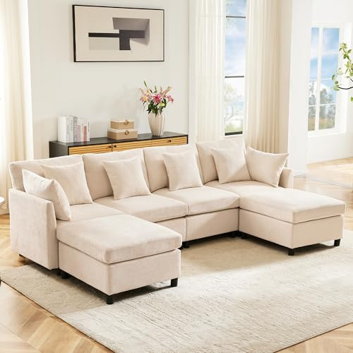 HOXINBLY Divano Letto 4 Posti con Penisola, Divano Angolare 4 Posti Forma di U, Divano Letto Matrimoniale con Materasso, Divano 4 Posti con Braccioli e poggiapiedi rimovibile, ciniglia beige