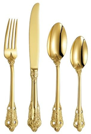Set de 24 couverts de luxe en acier inoxydable 304 de haute qualité (Doré), pour 6 personnes – Service de table haut de gamme, poli miroir, durable et élégant