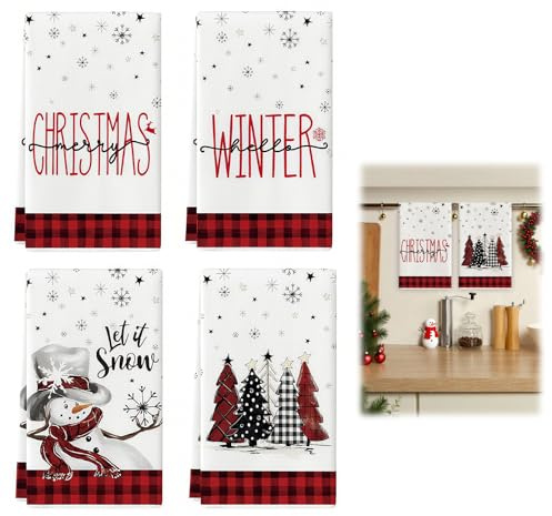 HSMHLYYB 4 Stück Weihnachten Geschirrtücher, 40x60cm Handtücher Weihnachten, Rot Schwarz Büffelkaro Schneemann Bäume Weihnachtens Küchentücher Geschirrtücher für Winter, Weihnachtsdeko, Geschenk