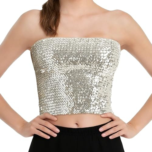 Damen bauchfreies Oberteil mit glitzernden Pailletten, trägerlos, metallisch, Schlauch-Tops für Party, Clubwear