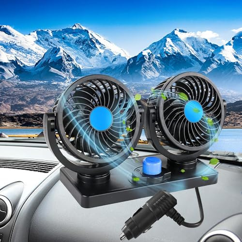 Chaohua Auto Ventilator, 12V Doppelkopf Ventilator Auto 360 Grad drehbar mit 2 Geschwindigkeiten Doppellüfter Geeignet für 12Volt Autos, LKWs, SUV