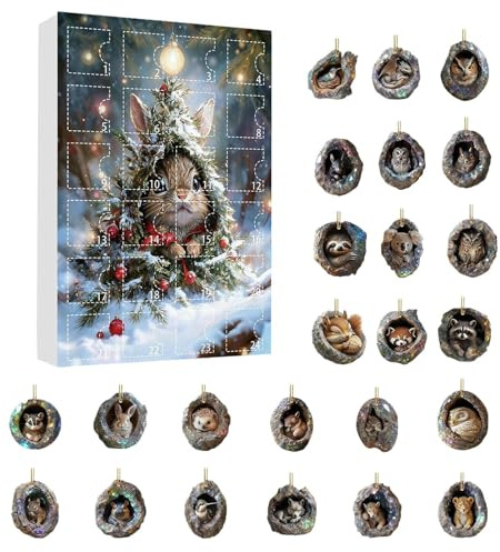 Avvento con ornamenti di animali, calendario con conto alla rovescia 24 giorni in acrilico 2D, decorazioni natalizie da appendere all'albero di Natale, design robusto e leggero, set di ciondoli con an
