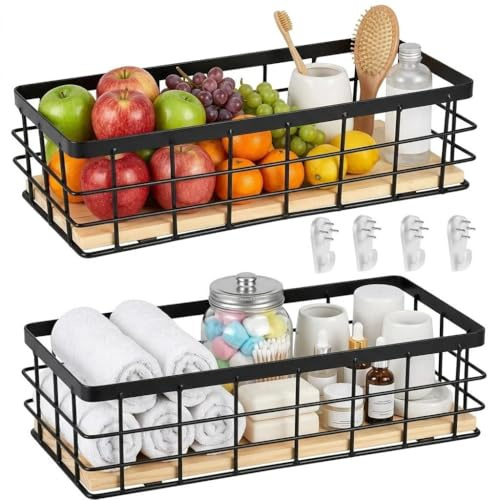 Trådkorg, metallkorg svarta dekorativa korgar hushåll väggkorg metall badrum förvaringskorg korg metall avtagbar träbas för frukt snacks kök skafferi (2 stycken), 29 x 13 x 10 cm