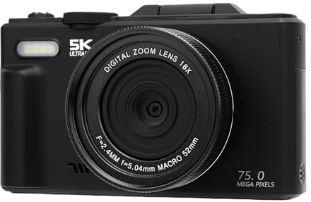 Asixxsix Appareil Photo numérique 5K, Appareil Photo de Voyage WiFi avec Zoom 18X 75 MP, écran Rabattable 3 Pouces à 180 degrés et éclairage LED, pour Les Selfies en Voyage (Black)