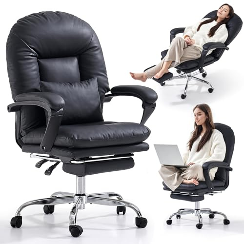 EMIAH Ergonomisk kontorsstol med fotstöd, justerbar skrivbordsstol äkta läder, bekväm modern kosmetisk stol med hjul, mellanrygg datorstol för hemmet kan belastas upp till 150 kg, svart