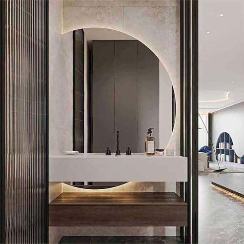 Aenmezen Specchio da Bagno Anti-Nebbia con Smart Touch Butto Illuminato Dimmerabile, Semicerchio Diametro 90-130cm, Montaggio a Parete Installazione, 3 Colori(Right semicircle,90cm)