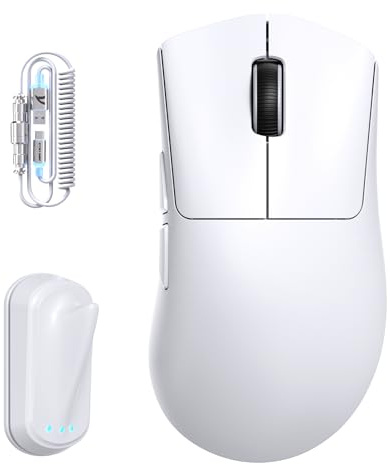 ATTACK SHARK V8 Wireless Gaming Maus mit LED Spiralkabel, Nordic 54L15 Chip, PAW3950MAX, 42000DPI, Dual 8000Hz, 59g Ultraleicht für Große Hände, Hai-Flossen-Dongle Design, 2.4Ghz/BT/Kabel für PC, Weiß