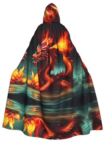 Dragon King in Fire Printed long hooded cape with a bow tie, perfect for cosplay, masquerade balls, and Easter themed parties.