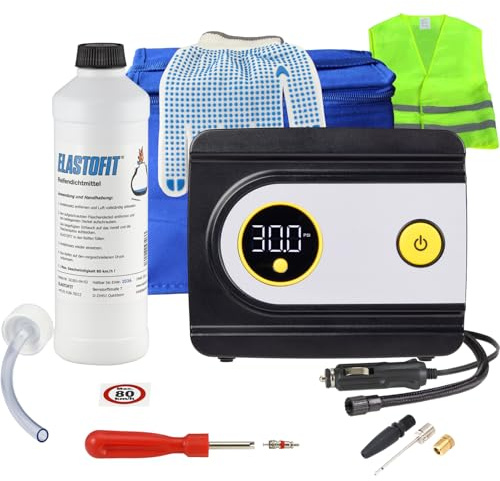 ELASTOFIT Basic IID Plus Reifen Pannenset Kompressor Reifendichtmittel | Reparaturset Dichtmittel mind. 10 Jahre haltbar. Digitaler 12V Kompressor