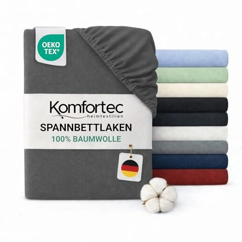 Komfortec Spannbettlaken Jersey 100% Baumwolle – 180x200 cm – 135g/m² – Weich, Atmungsaktiv & Hautfreundlich – Mit Rundumgummi – Oeko-Tex Zertifiziert – Für Boxspring, Topper & Matratzen – Dunkelgrau