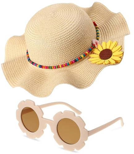 EKKONG Cappello di Paglia Bambini, Cappello Paglia Bambina, Occhiali da Sole per Bambini, Cappello da Sole Bambini con Occhiali da Sole Fiori per Viaggi, Vacanze, Spiagge, Picnic (Beige)