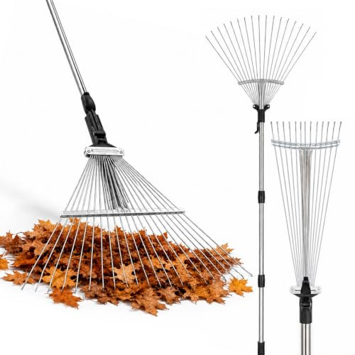 LSC Trädgårdskratta 25 pinnar justerbar gräsmattskratta med utdragbart 91–152 cm handtag slitstark metallblad räfsa för löv gräs och trädgårdsskräp rengöringsverktyg för trädgårdsskötsel och utomhus