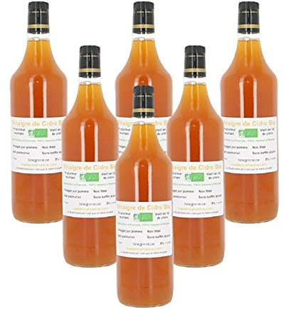 Lot de 6 bouteilles de vinaigre de cidre bio non pasteurisé vieilli en fût de chêne 1L - Made in Calvados