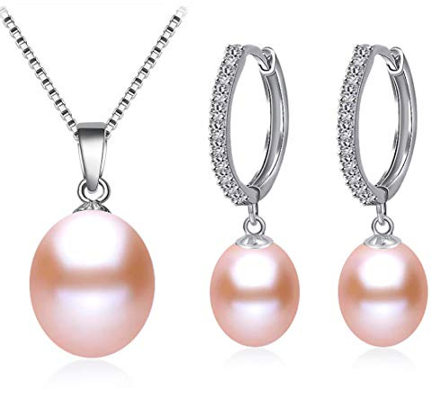Kim Johanson Damen Perlen Schmuckset *Susi* aus 925 Sterling Silber mit echten Rosa Süßwasser Perlen Halskette & Ohrringe inkl. Schmuckbeutel