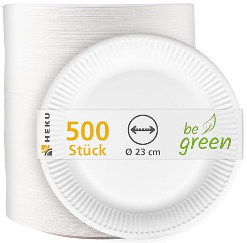 HEKU große Pappteller Ø 23cm, 500 Stück, weiß I 100% Kompostierbar I Robustes 220g/m² Frischfaser I Ideal für verschiedenste Anlässe I Umweltfreundliche Einwegteller